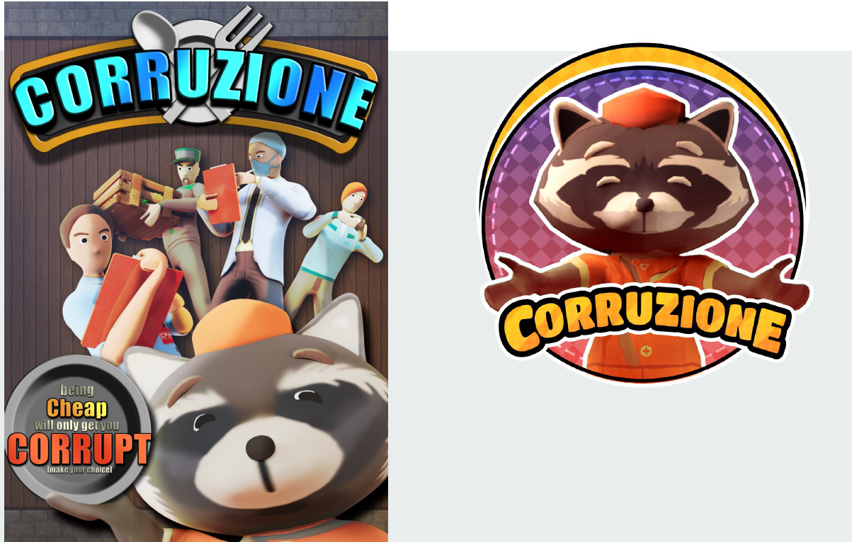 Two Corruzione game promotional pieces showing a cartoon raccoon mascot and 3D animated characters with the tagline about corruption.